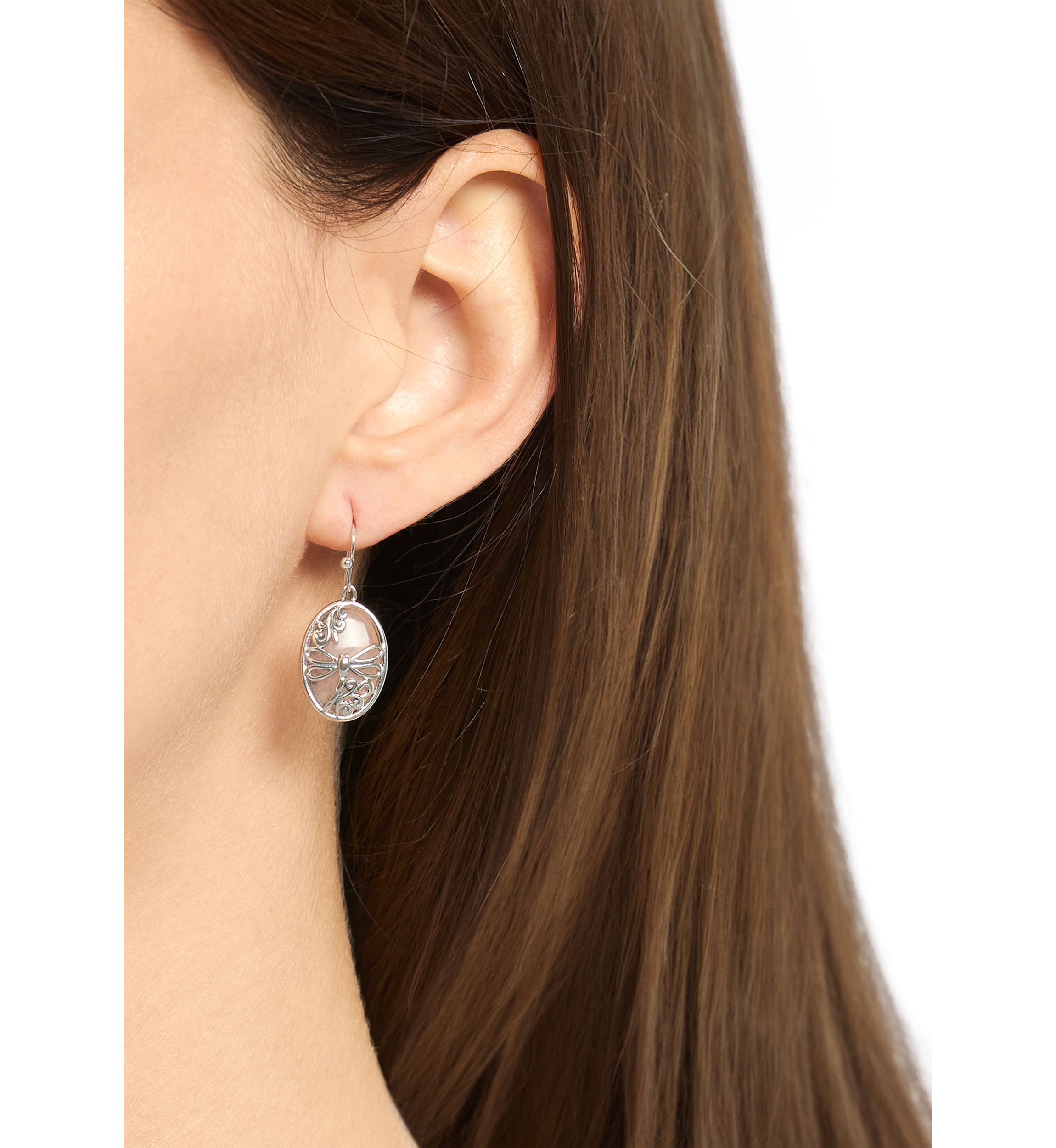 Silver Plated Rose Quartz Oval Dragonfly Drop Earrings
