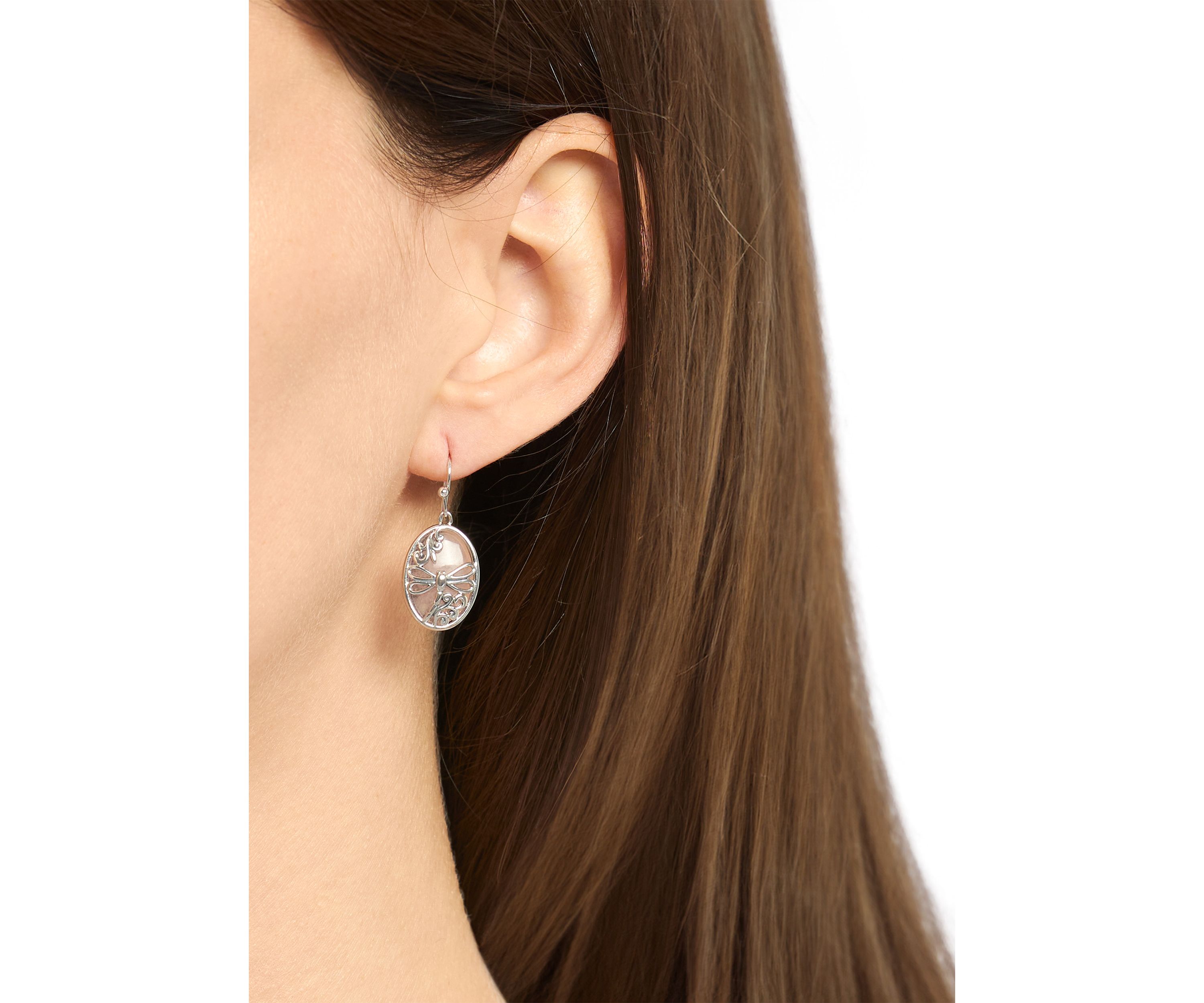 Silver Plated Rose Quartz Oval Dragonfly Drop Earrings
