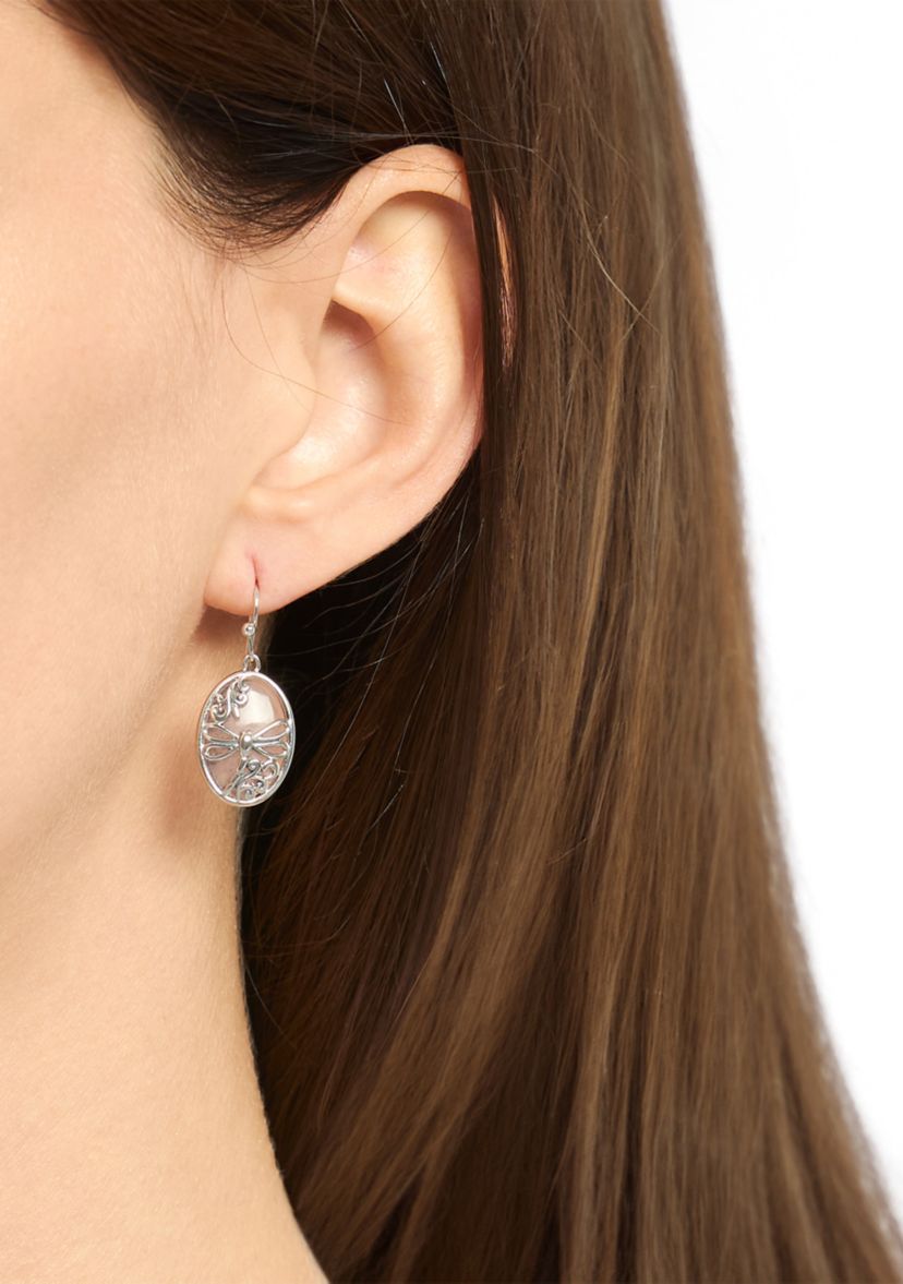 Silver Plated Rose Quartz Oval Dragonfly Drop Earrings