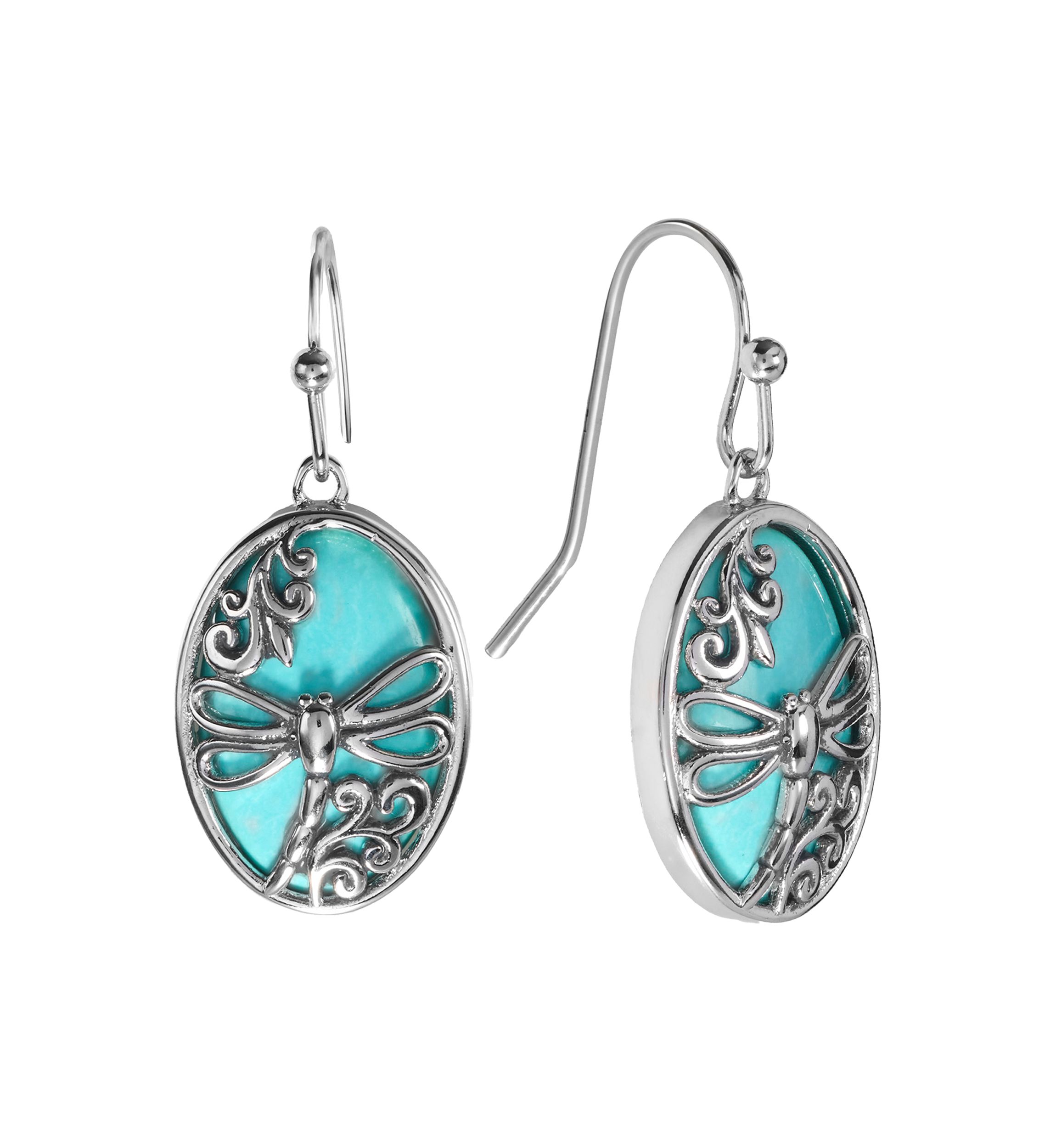Howlite Turquoise Oval Filigree Dragonfly Drop Earrings