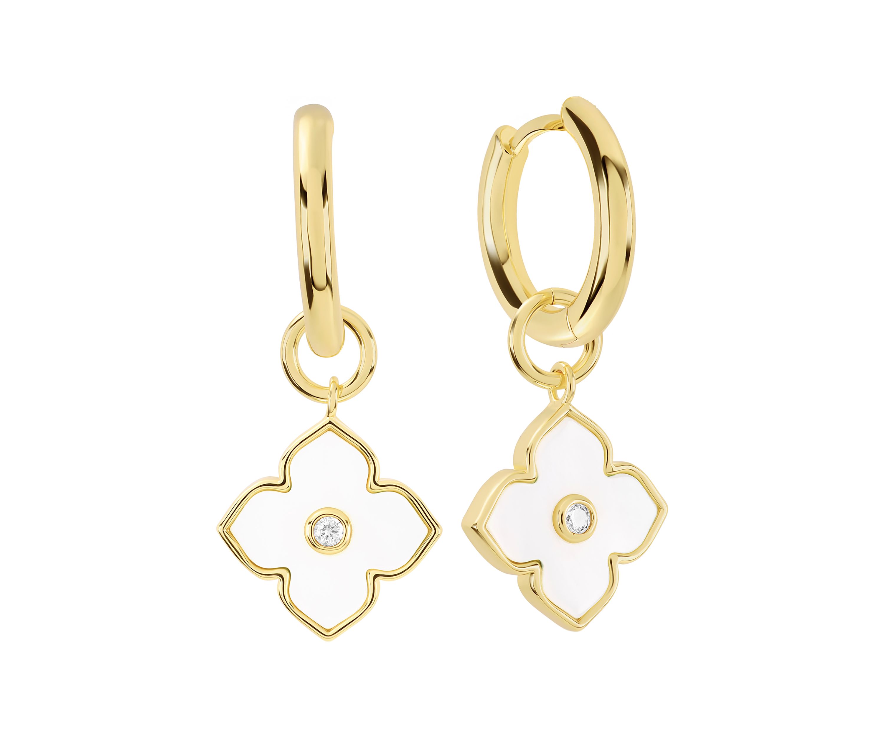 Gold Plated Mother of Pearl and Cubic Zirconia Clover Charm Hoop drop Earrings