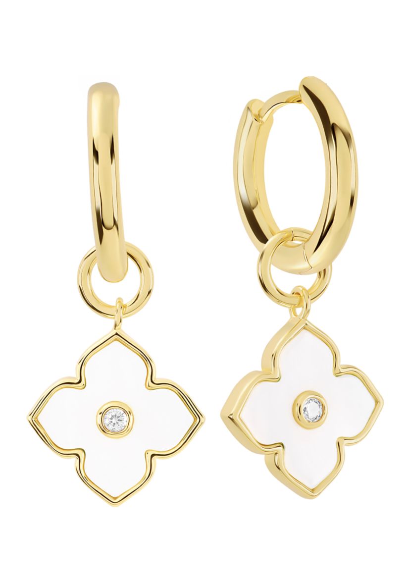 Gold Plated Mother of Pearl and Cubic Zirconia Clover Charm Hoop drop Earrings