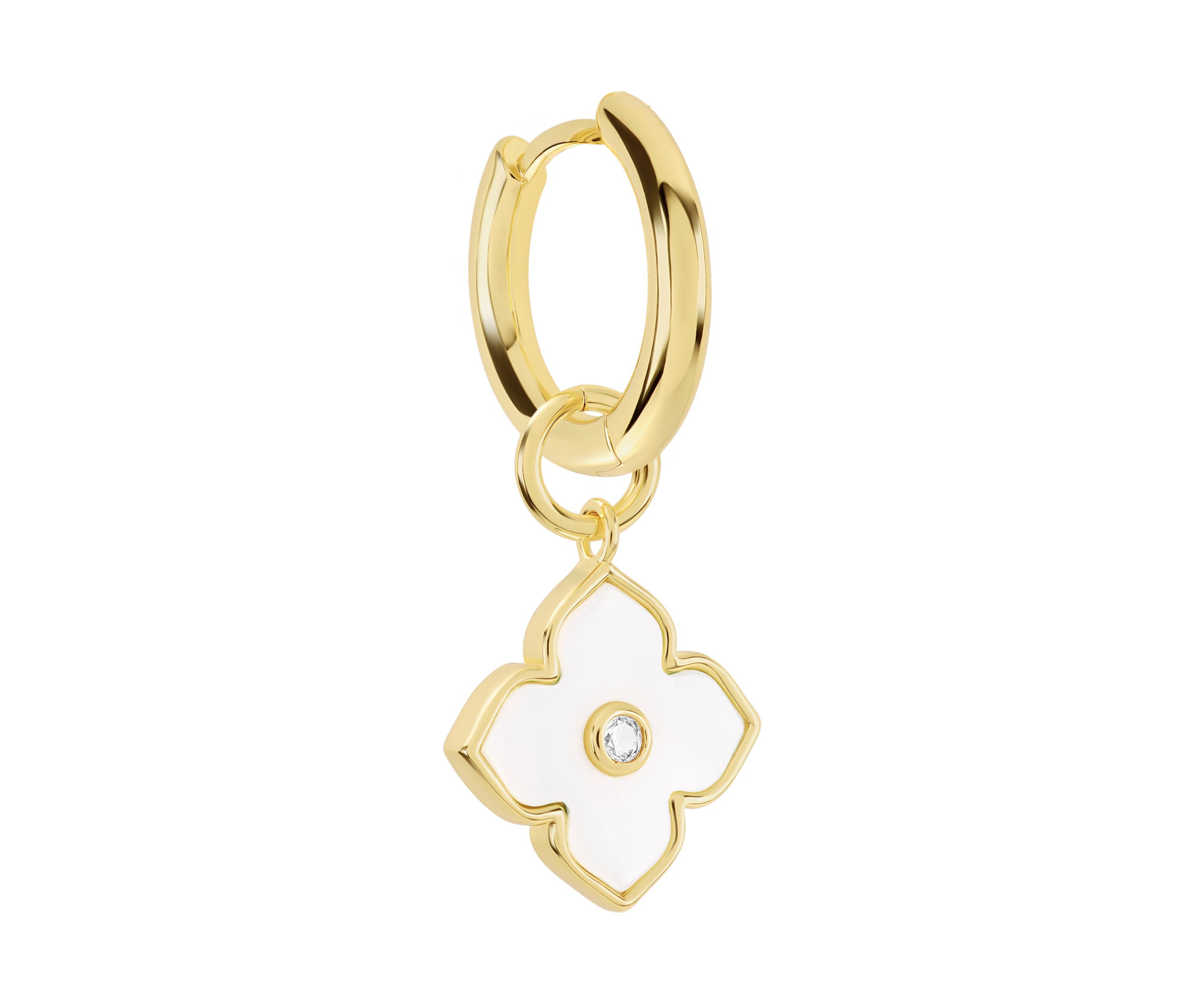 Gold Plated Mother of Pearl and Cubic Zirconia Clover Charm Hoop drop Earrings