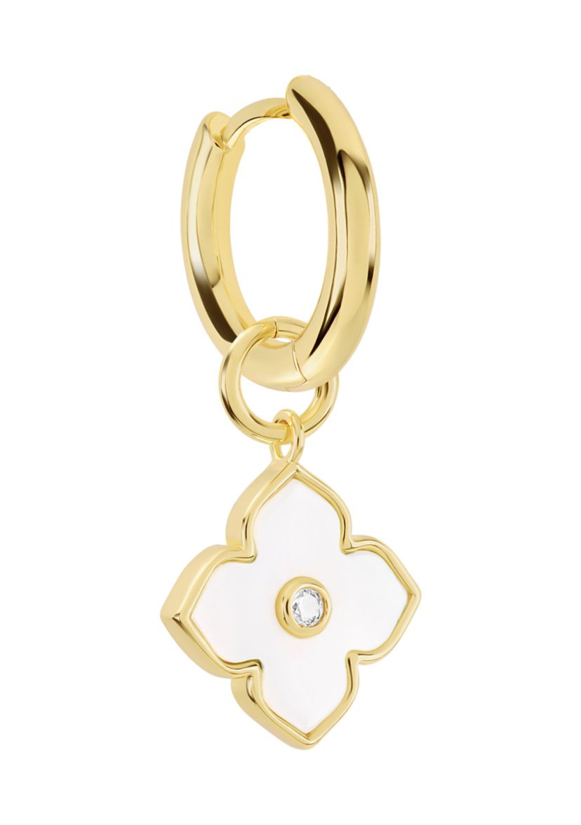 Gold Plated Mother of Pearl and Cubic Zirconia Clover Charm Hoop drop Earrings