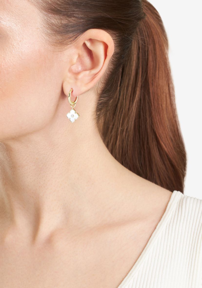 Gold Plated Mother of Pearl and Cubic Zirconia Clover Charm Hoop drop Earrings