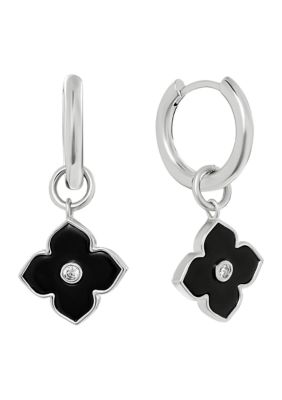 Belk Silverworks Silver Plated Black Chalcedony and Cubic Zirconia Poppy Charm Hoop Earrings
