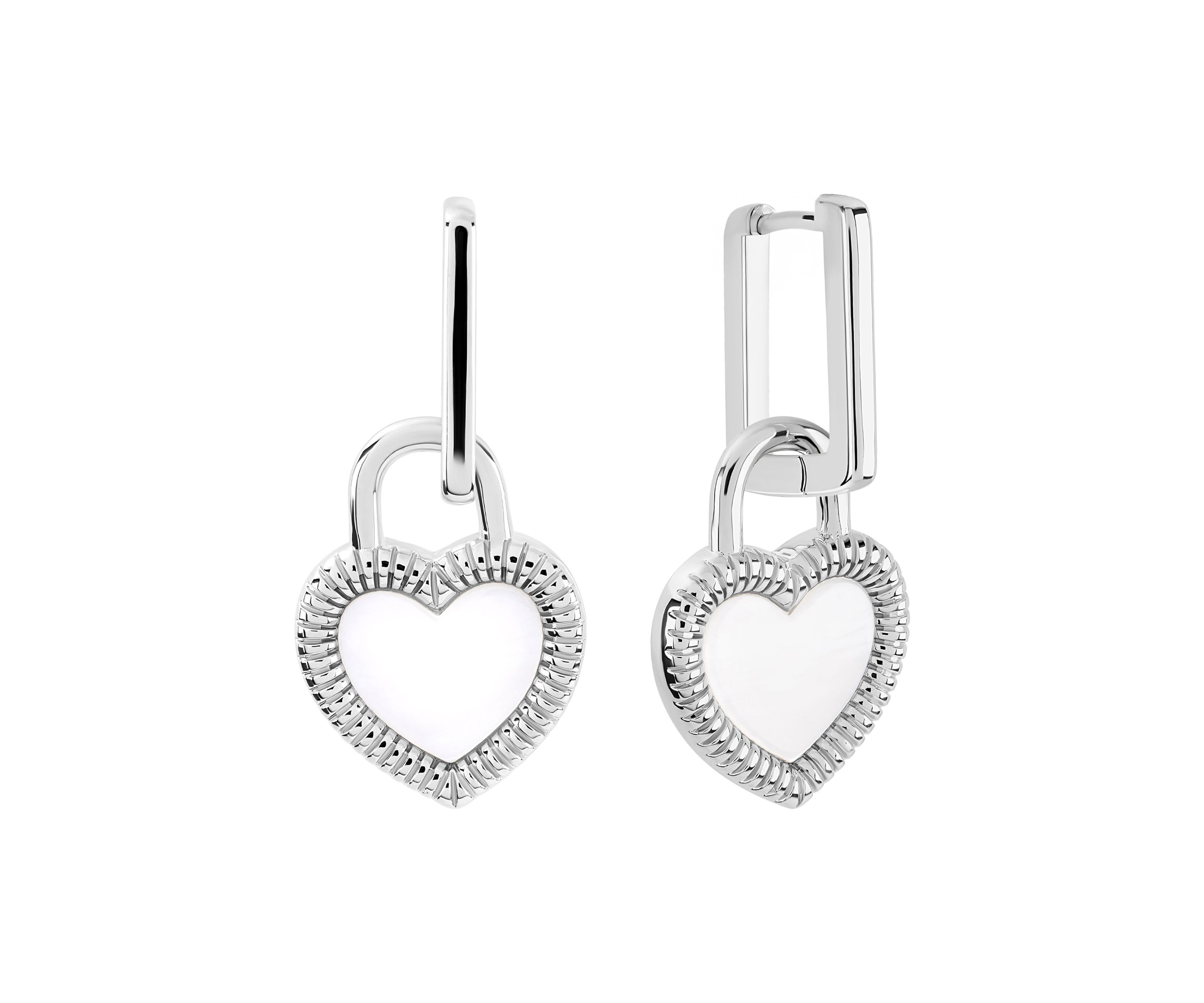 Silver Plated Mother of Pearl Heart Drop Rectangular Hoop Earrings