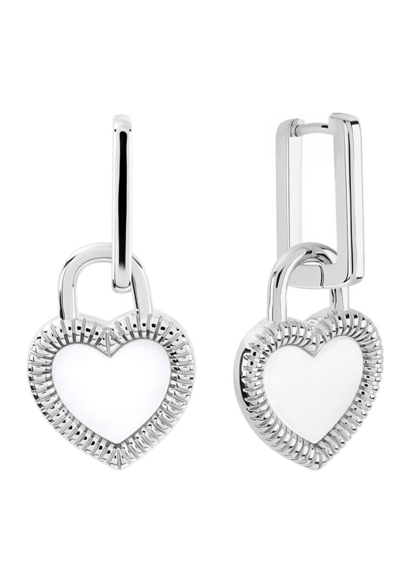 Silver Plated Mother of Pearl Heart Drop Rectangular Hoop Earrings