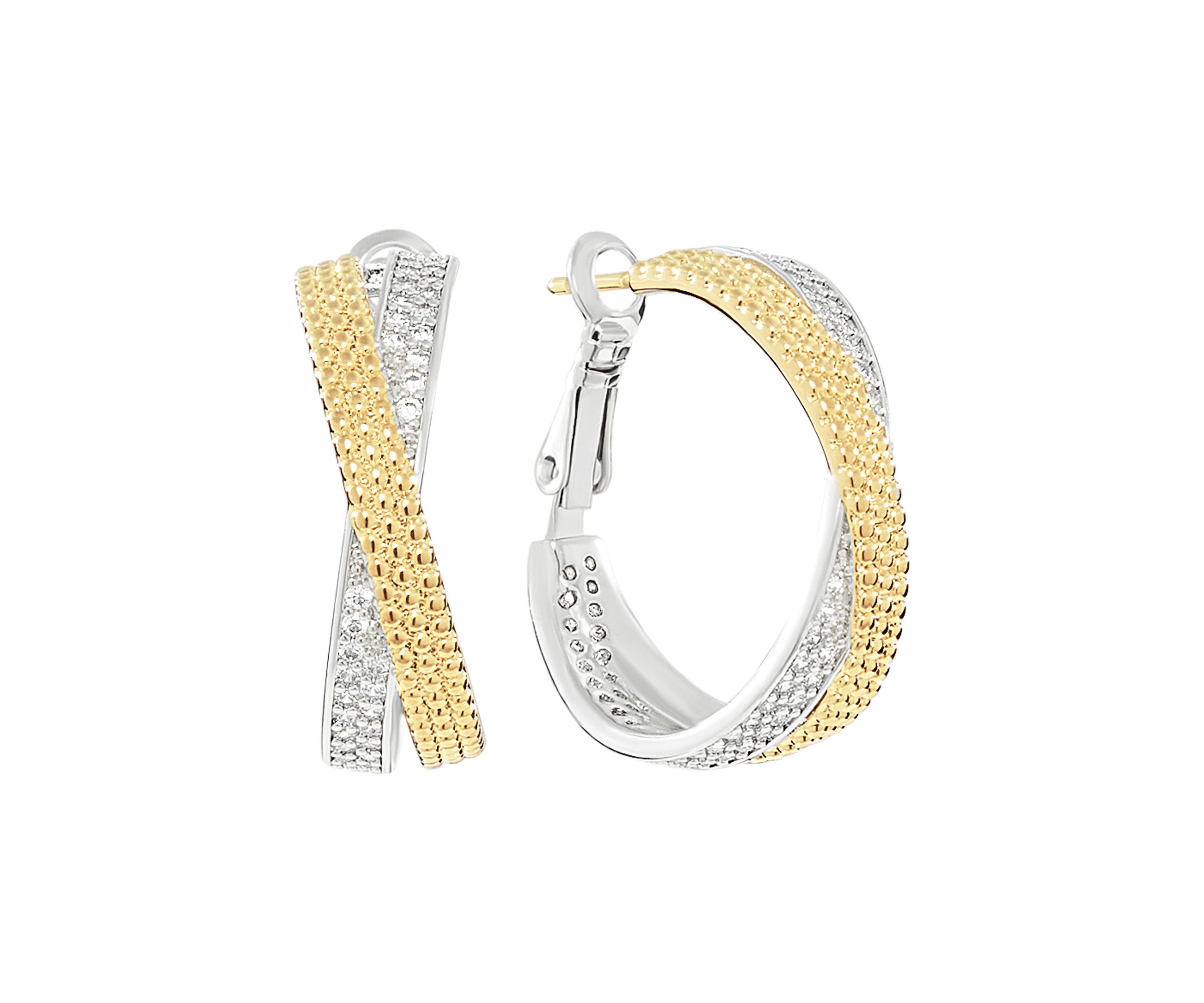 Two Tone Plated Criss Cross Cubic Zirconia Hoop Earrings