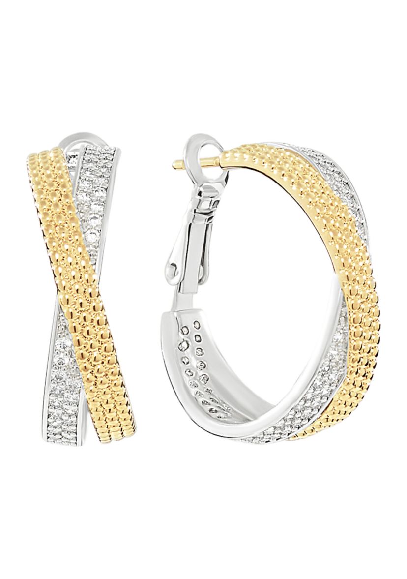 Two Tone Plated Criss Cross Cubic Zirconia Hoop Earrings