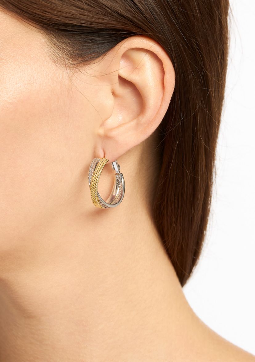 Two Tone Plated Criss Cross Cubic Zirconia Hoop Earrings