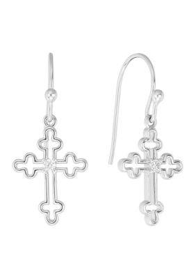 Belk Silverworks Silver Plated Open Cross Cubic Zirconia Drop Earrings