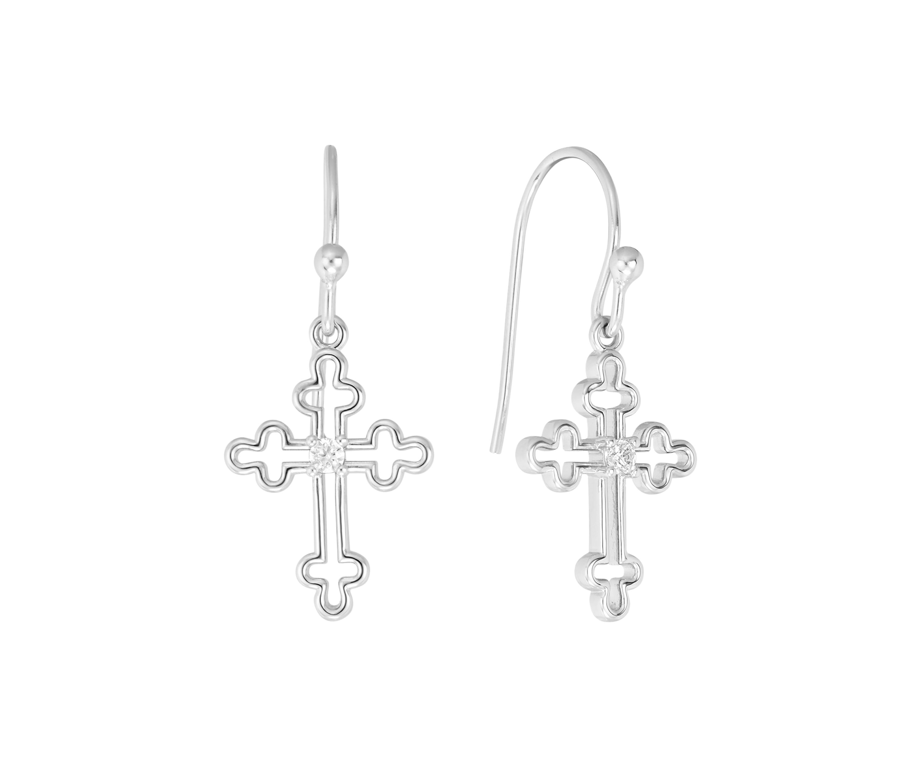 Silver Plated Open Cross Cubic Zirconia Drop Earrings