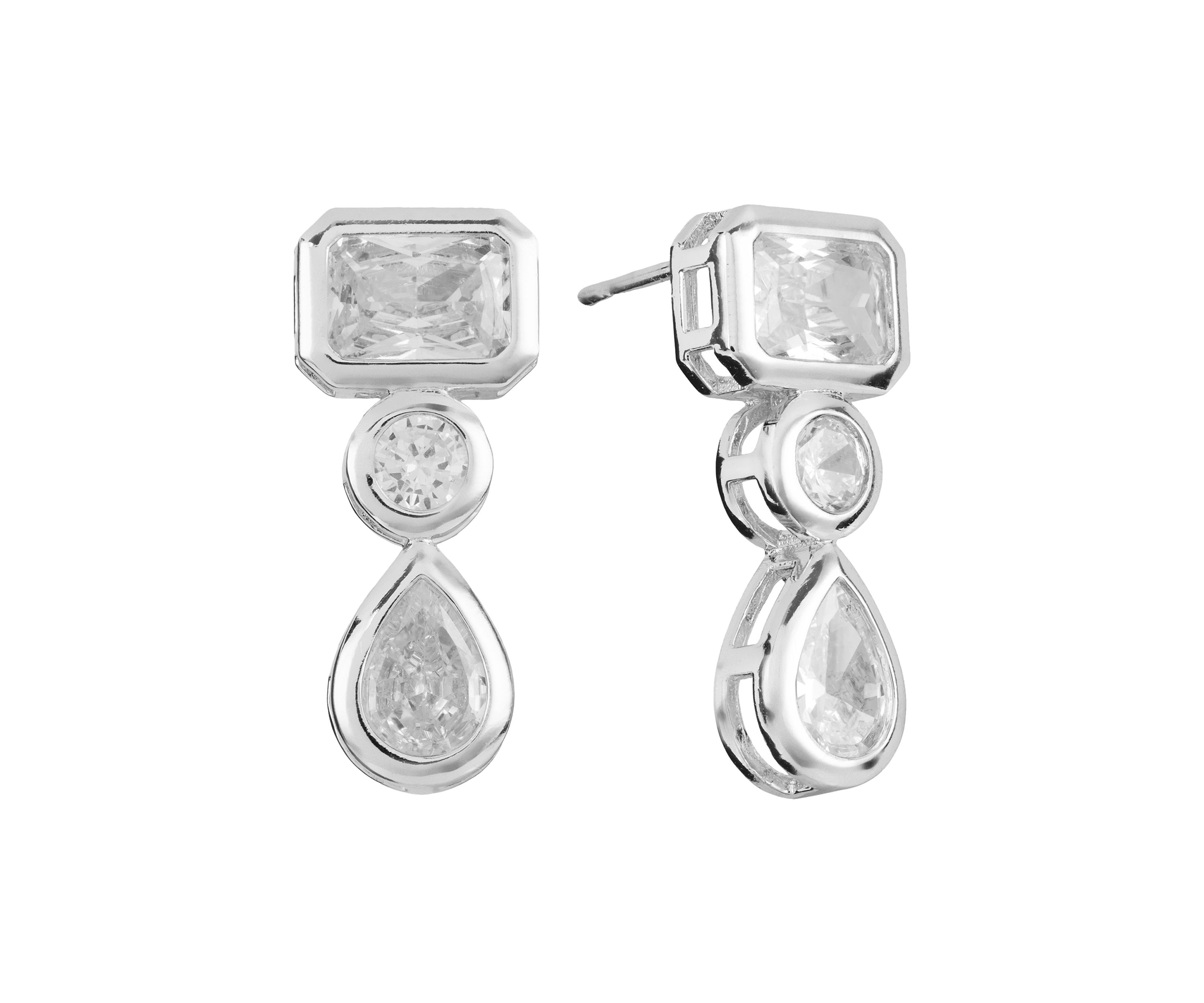 Silver Plated Triple Cubic Zirconia Geometric Drop Earrings
