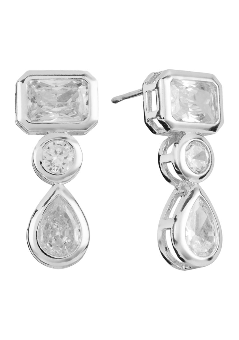 Silver Plated Triple Cubic Zirconia Geometric Drop Earrings