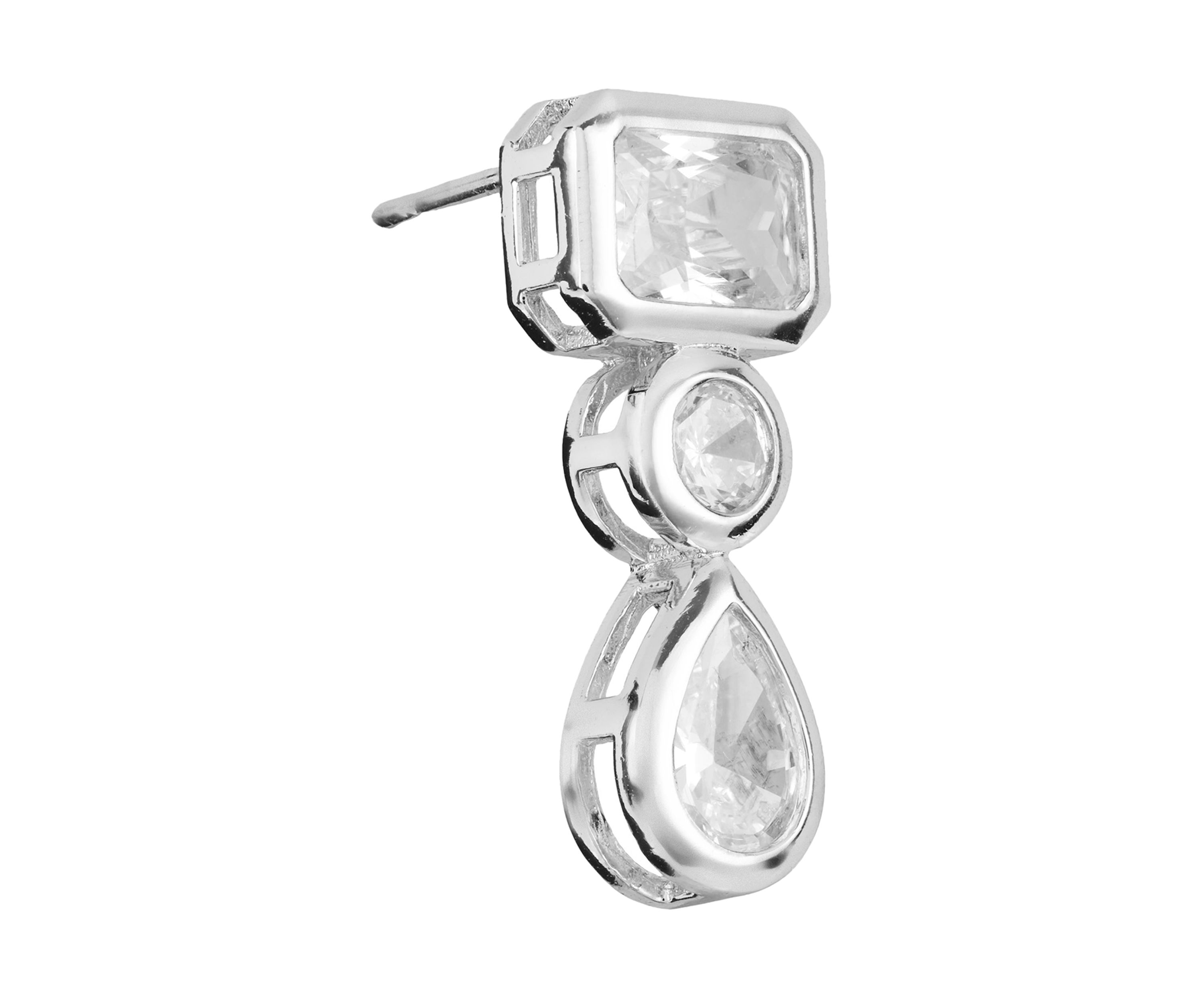 Silver Plated Triple Cubic Zirconia Geometric Drop Earrings