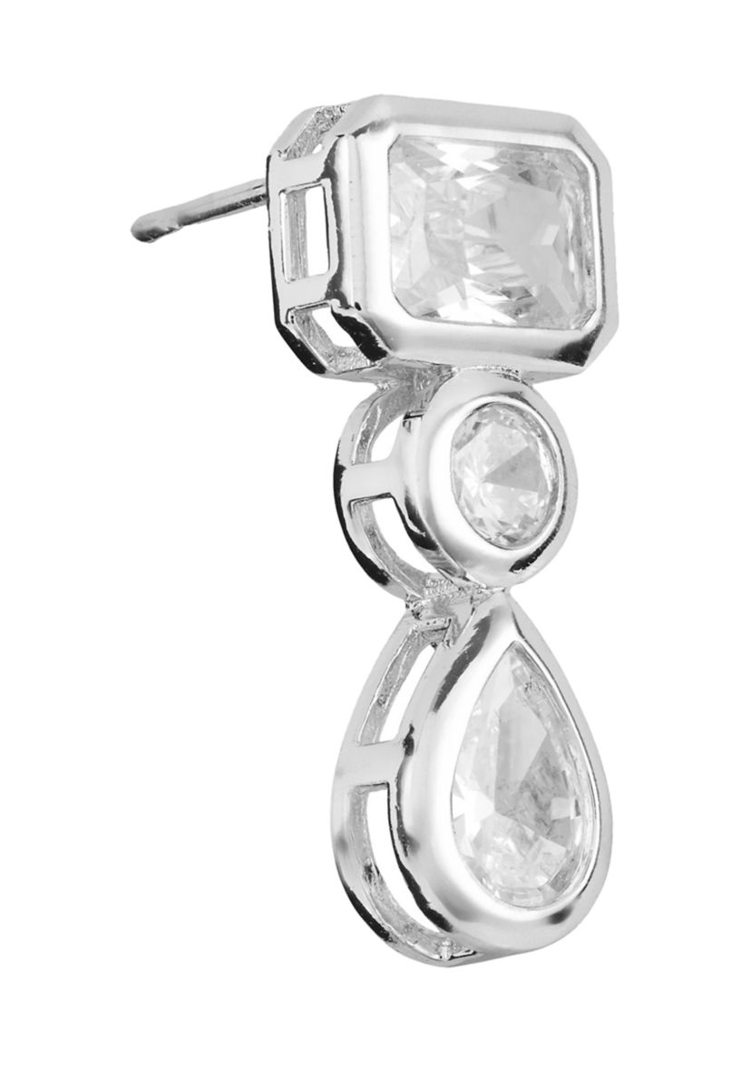 Silver Plated Triple Cubic Zirconia Geometric Drop Earrings