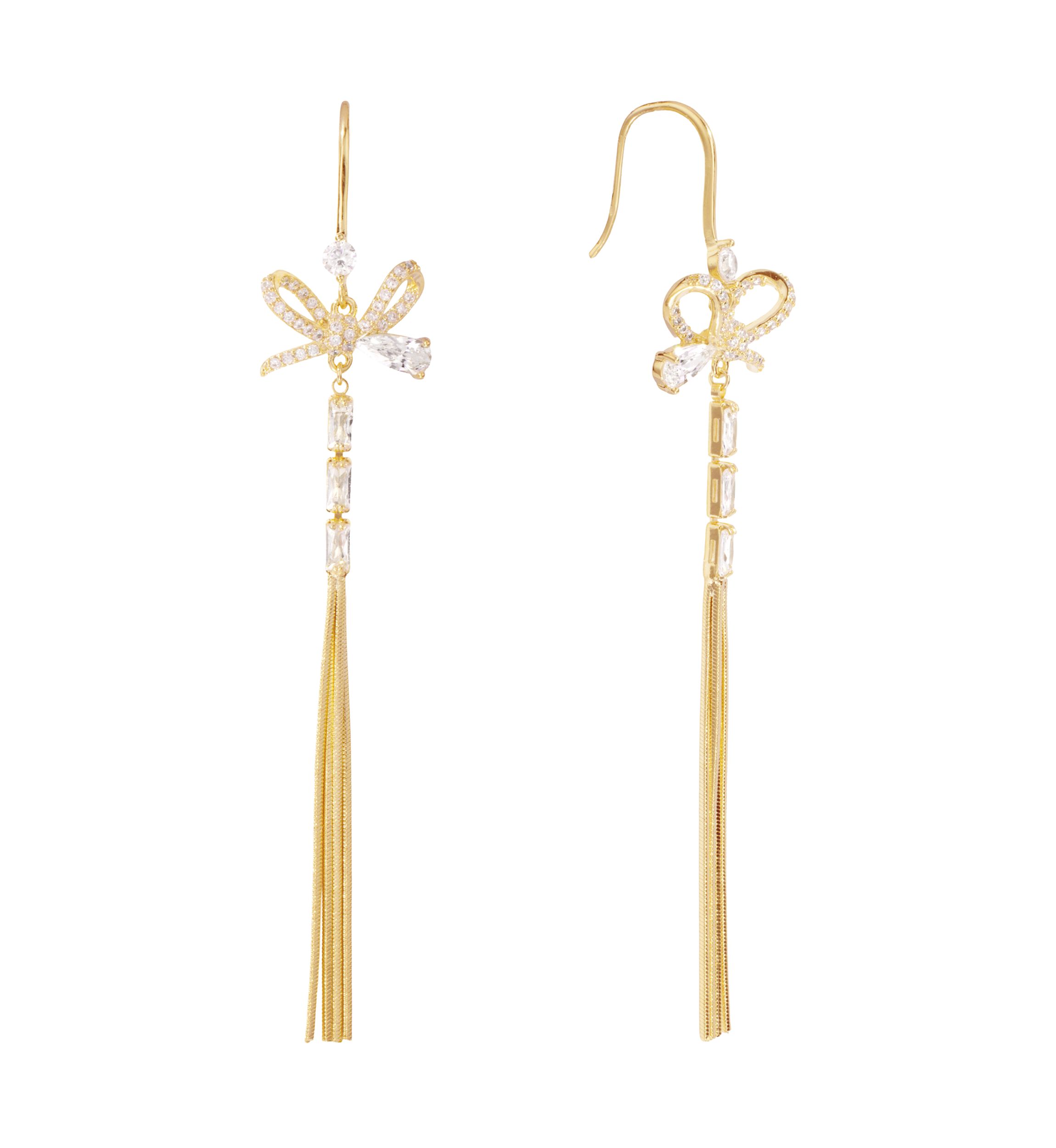 Gold Plated Cubic Zirconia Bow Chain Drop Earrings