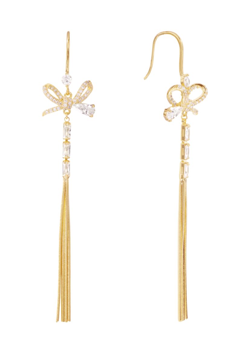 Gold Plated Cubic Zirconia Bow Chain Drop Earrings