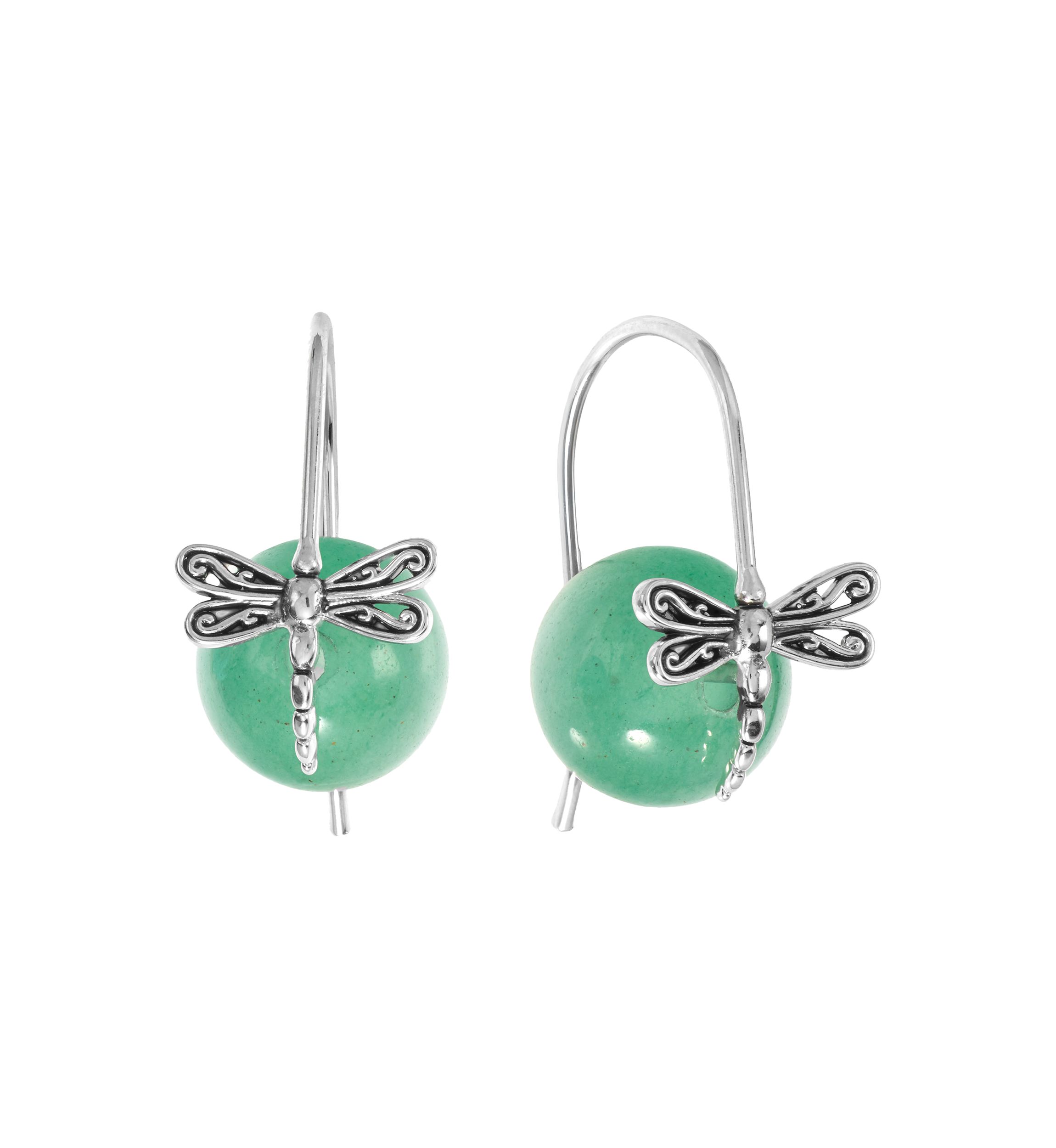 Genuine Green Aventurine Ball and Dragonfly Earrings