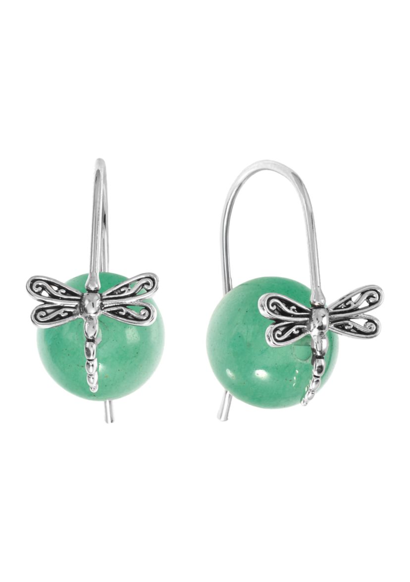 Genuine Green Aventurine Ball and Dragonfly Earrings