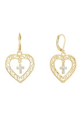 Belk Silverworks Gold Plated Filigree Heart Cubic Zirconia Cross Center Chandelier Earrings