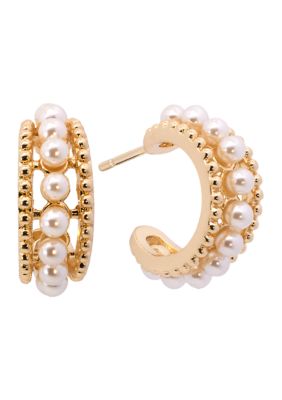 Belk Silverworks Gold Plated Beaded Simulated Pearl Hoop Earrings