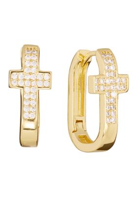 Belk Silverworks Gold Plated Cubic Zirconia Cross Huggie Hoop Earrings