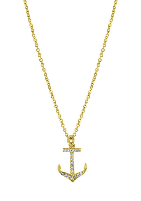 Yellow Gold Fine Silver Plated Cubic Zirconia Anchor Pendant Necklace