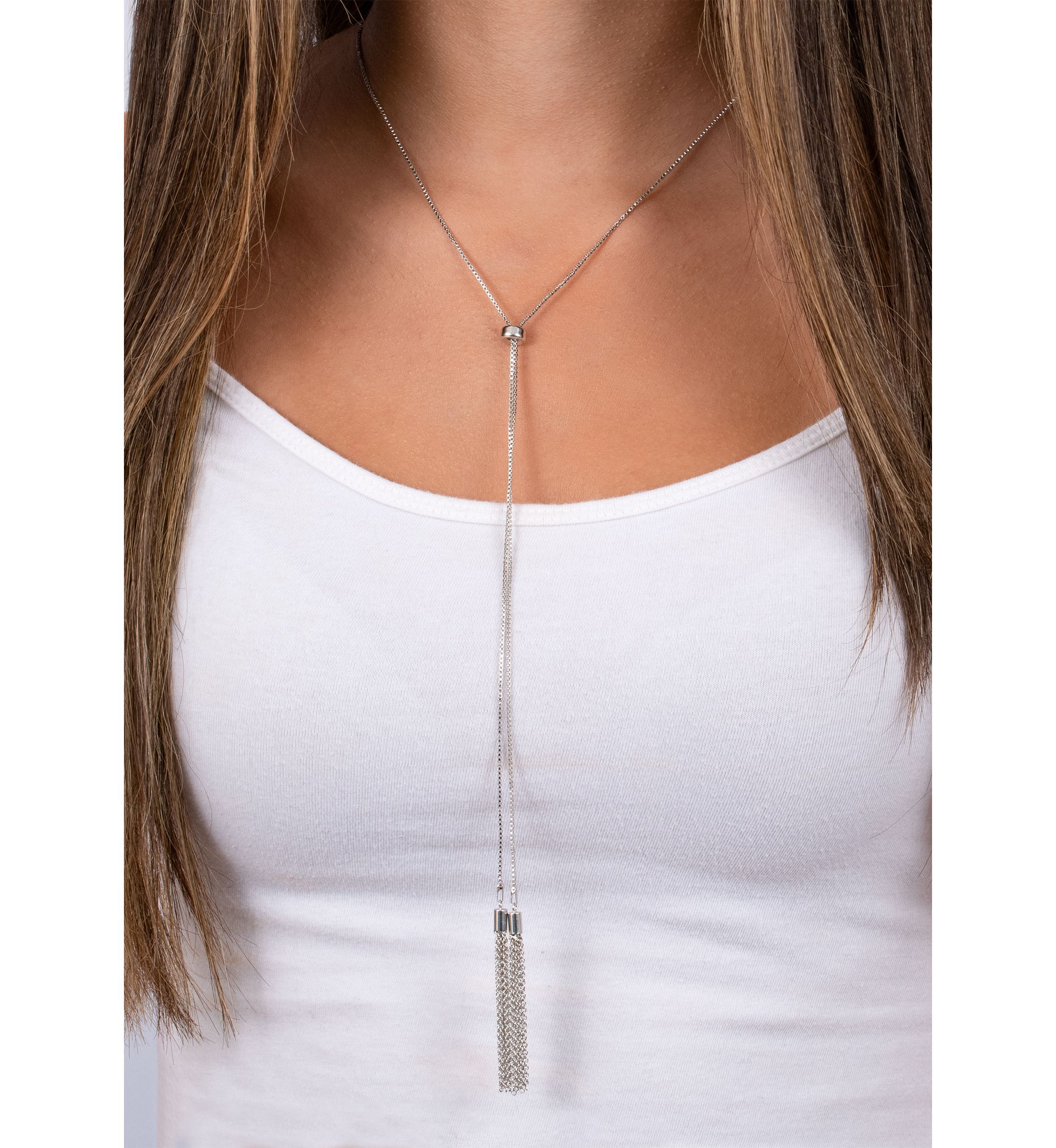 Fine Silver plated 30" Tassel Slider Adjustable Chain Necklace