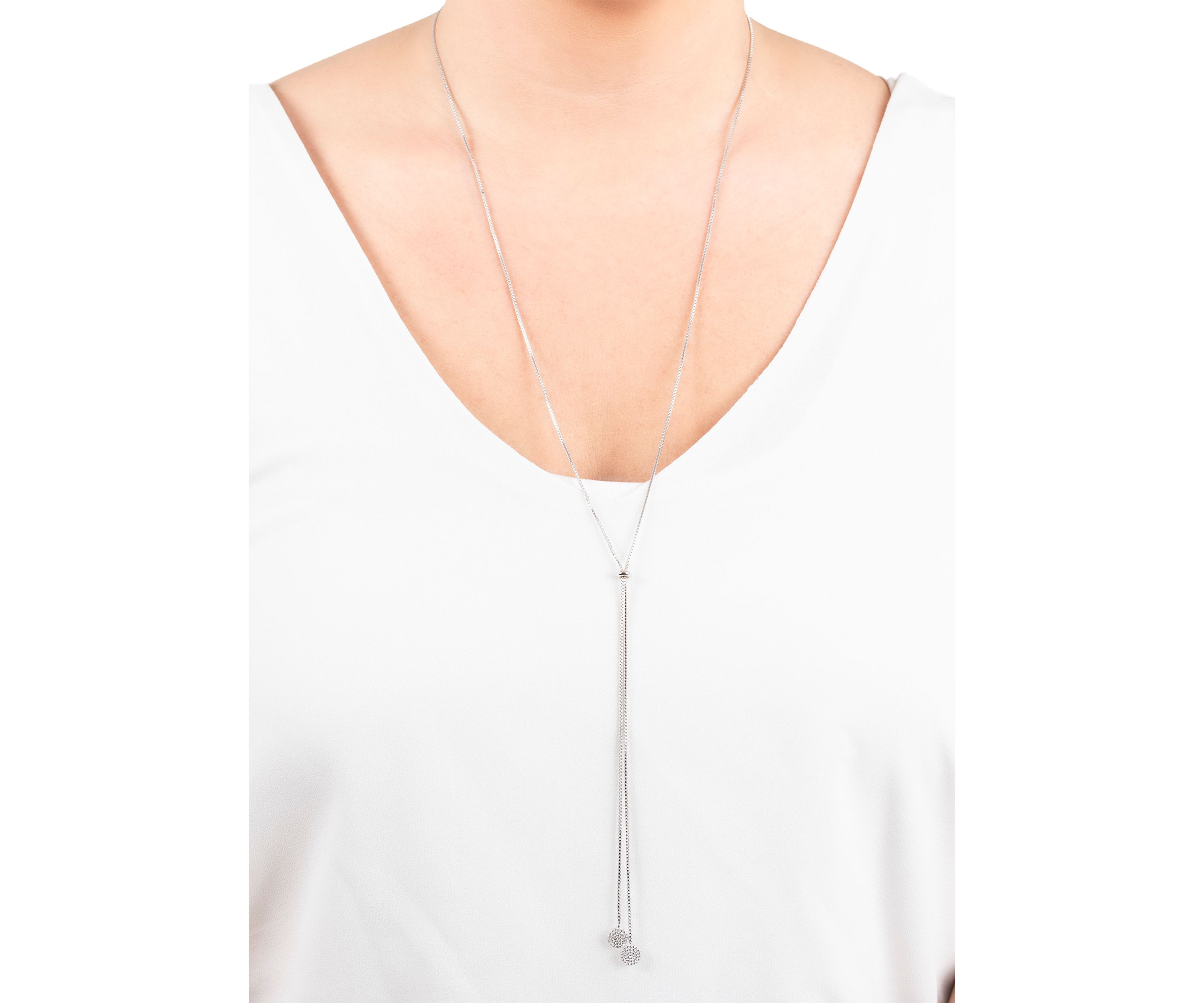 Fine Silver Plated 36" Cubic Zirconia Pavé Double Disc Slider Adjustable Bolo Necklace