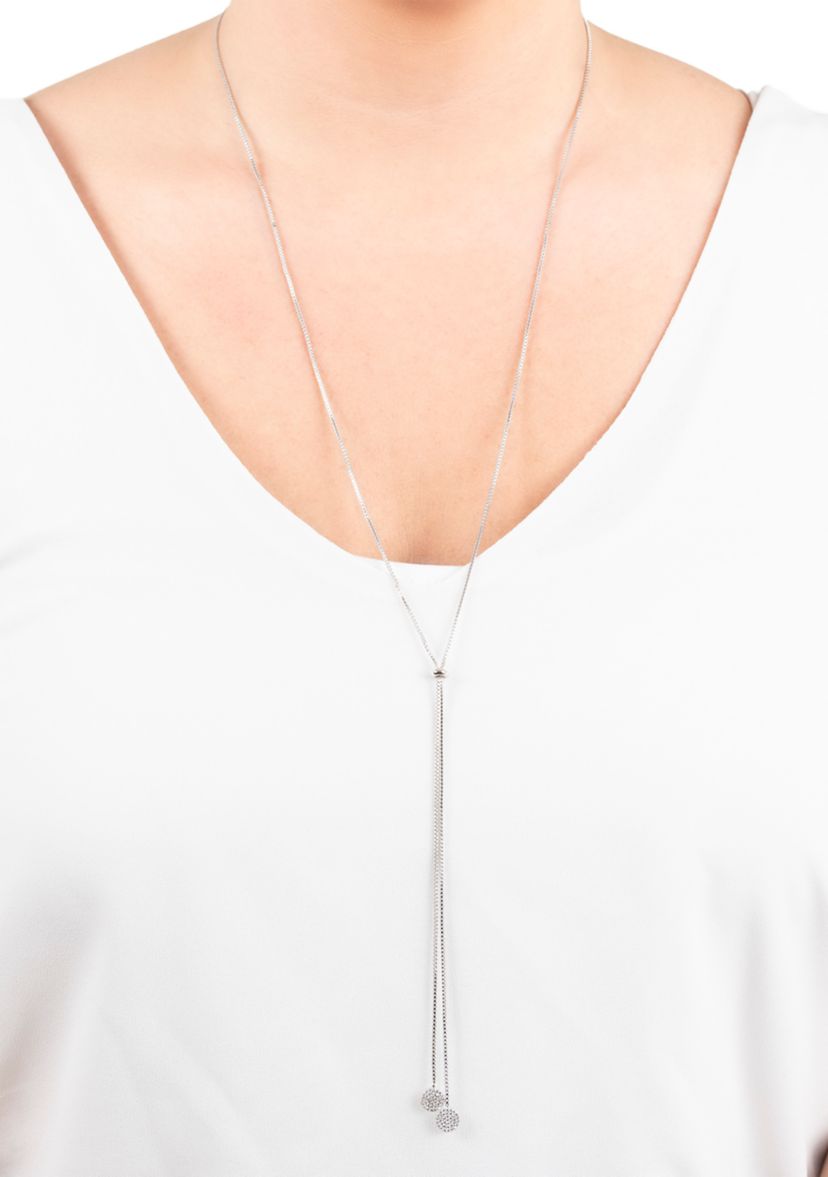 Fine Silver Plated 36" Cubic Zirconia Pavé Double Disc Slider Adjustable Bolo Necklace