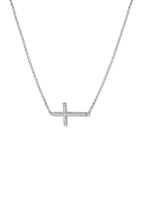 Fine Silver Plated Cubic Zirconia Sideways Cross Station Necklace