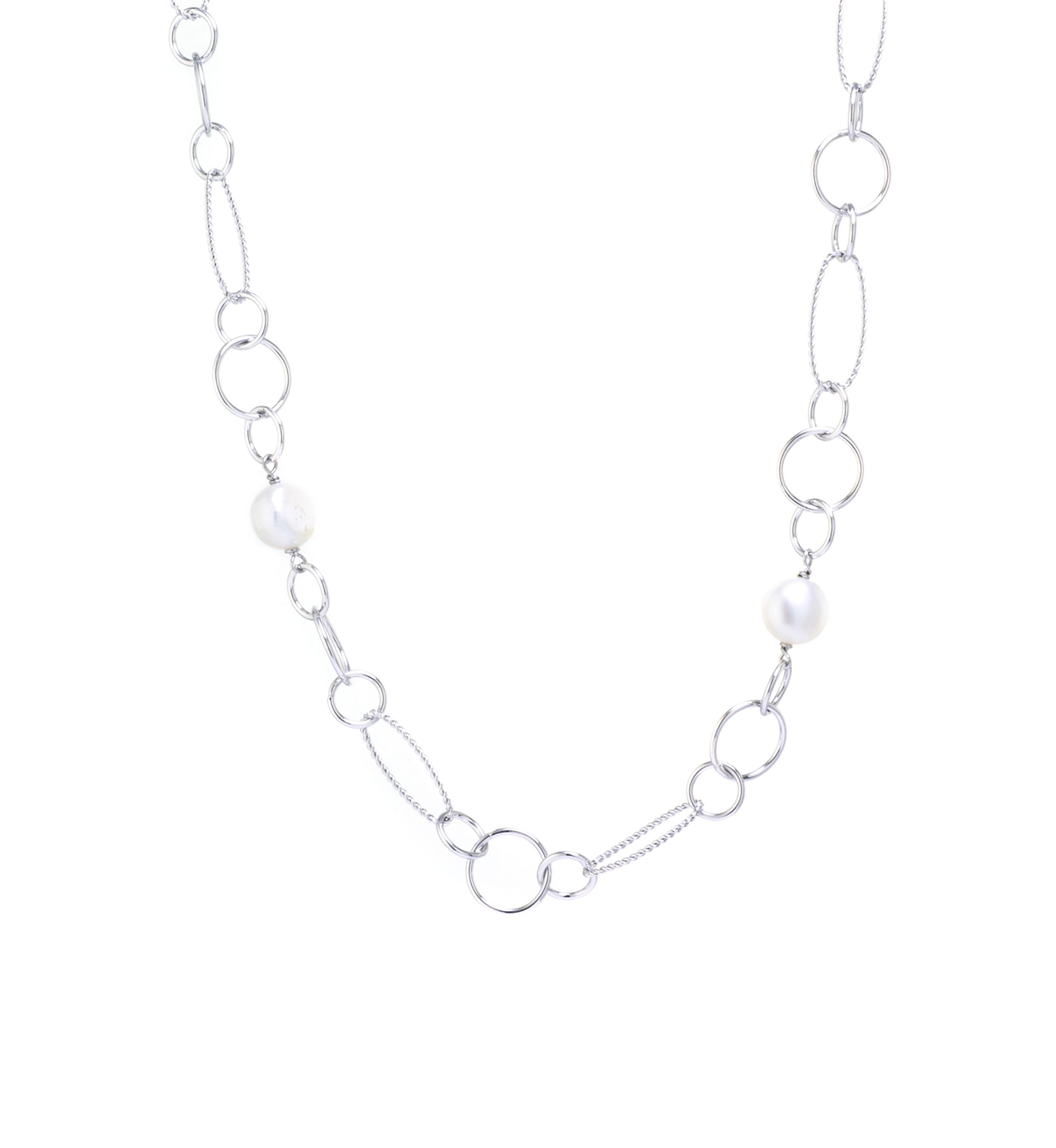 Fine Silver Plated 36 Oval and Multi Circle Freshwater Pearl Necklace