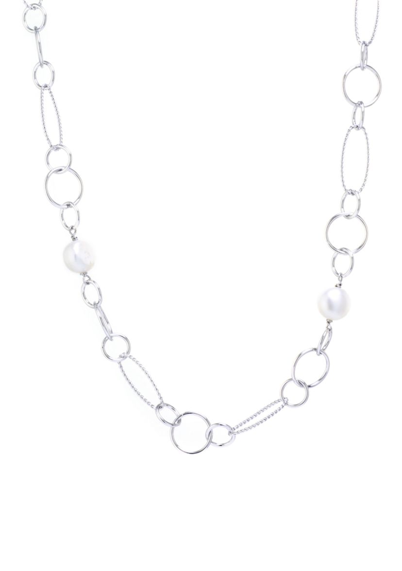 Fine Silver Plated 36 Oval and Multi Circle Freshwater Pearl Necklace