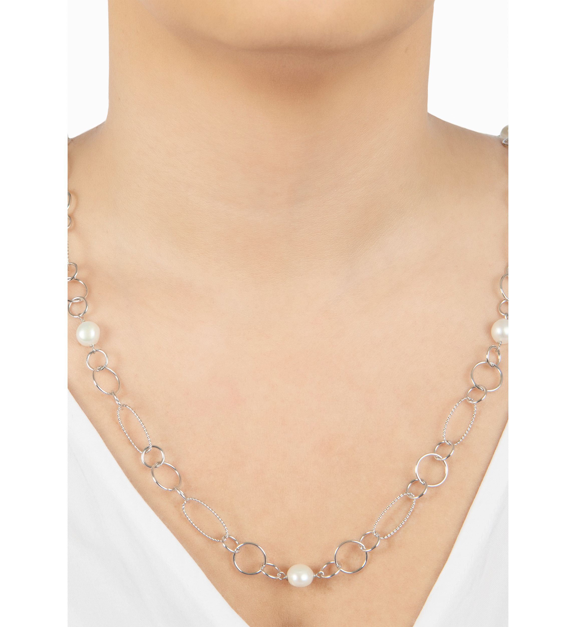 Fine Silver Plated 36 Oval and Multi Circle Freshwater Pearl Necklace