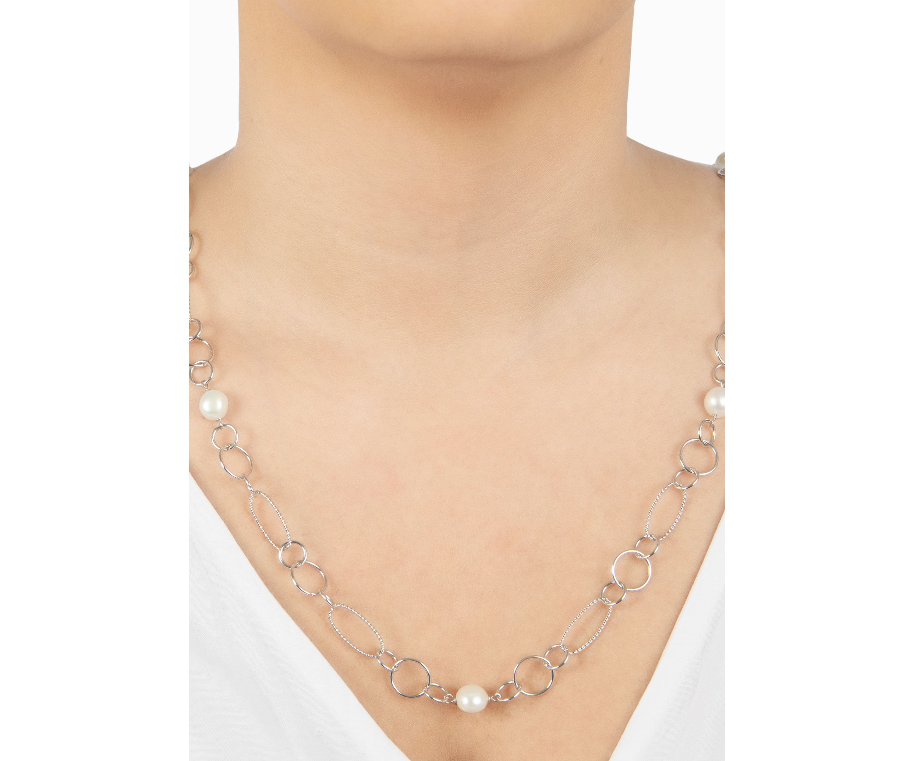 Fine Silver Plated 36 Oval and Multi Circle Freshwater Pearl Necklace
