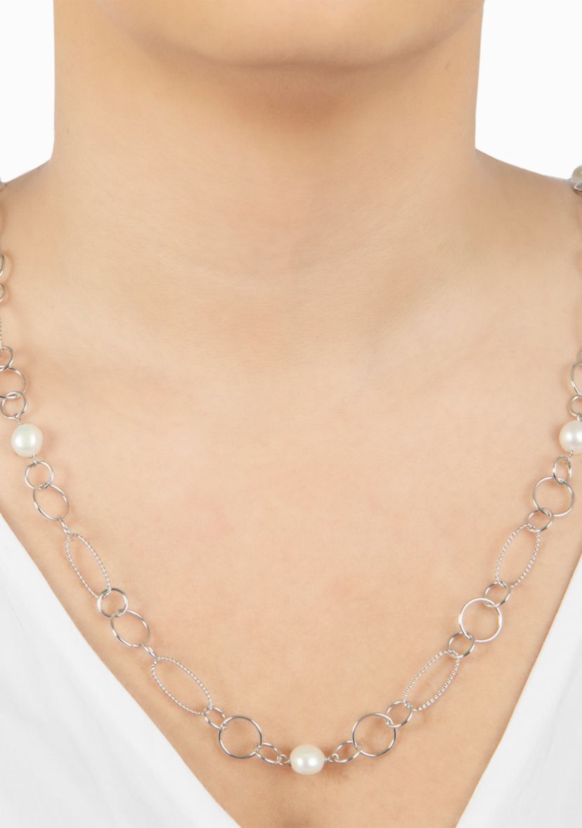 Fine Silver Plated 36 Oval and Multi Circle Freshwater Pearl Necklace