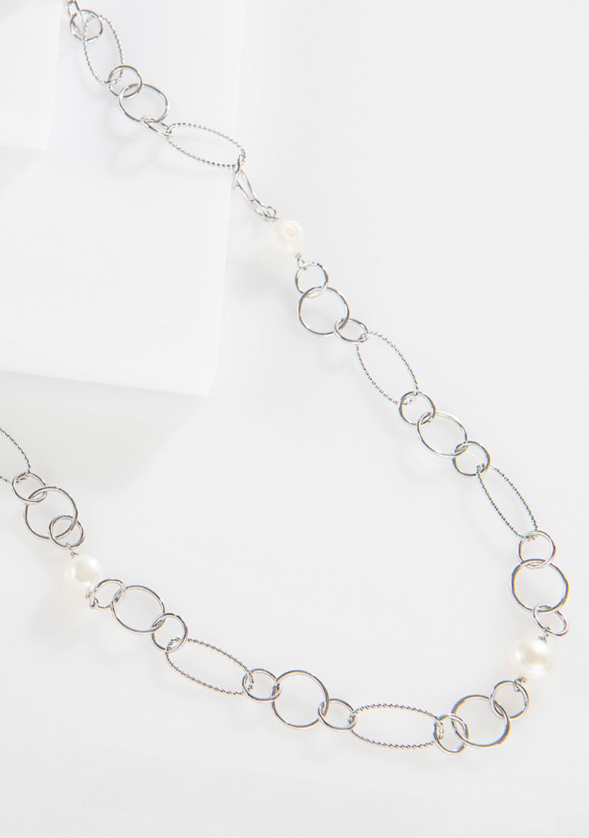 Fine Silver Plated 36 Oval and Multi Circle Freshwater Pearl Necklace