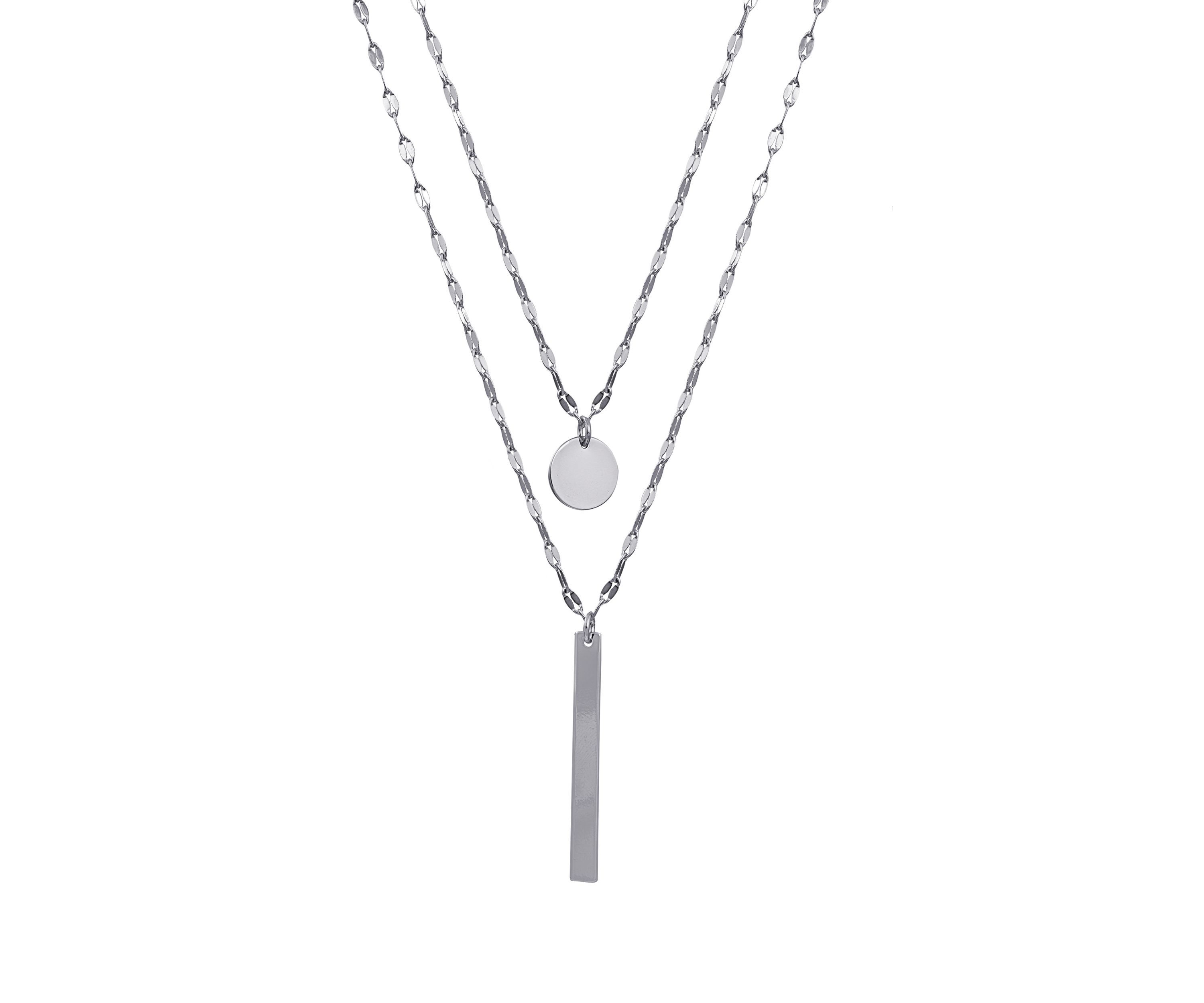  Silver- or Gold-Plated 30" Disc and Vertical Bar Double Layer Necklace