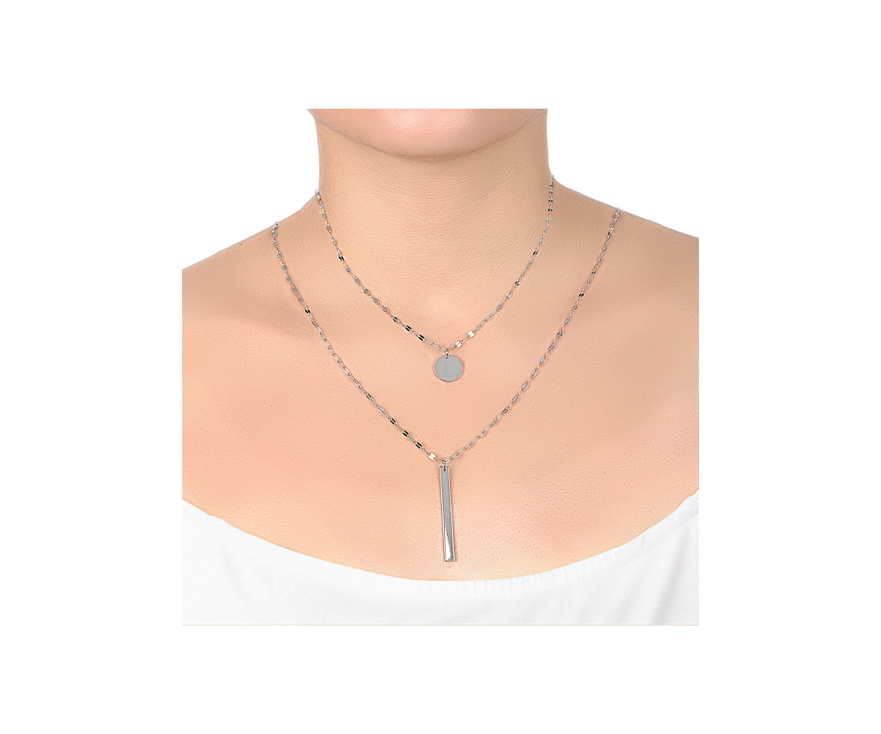  Silver- or Gold-Plated 30" Disc and Vertical Bar Double Layer Necklace