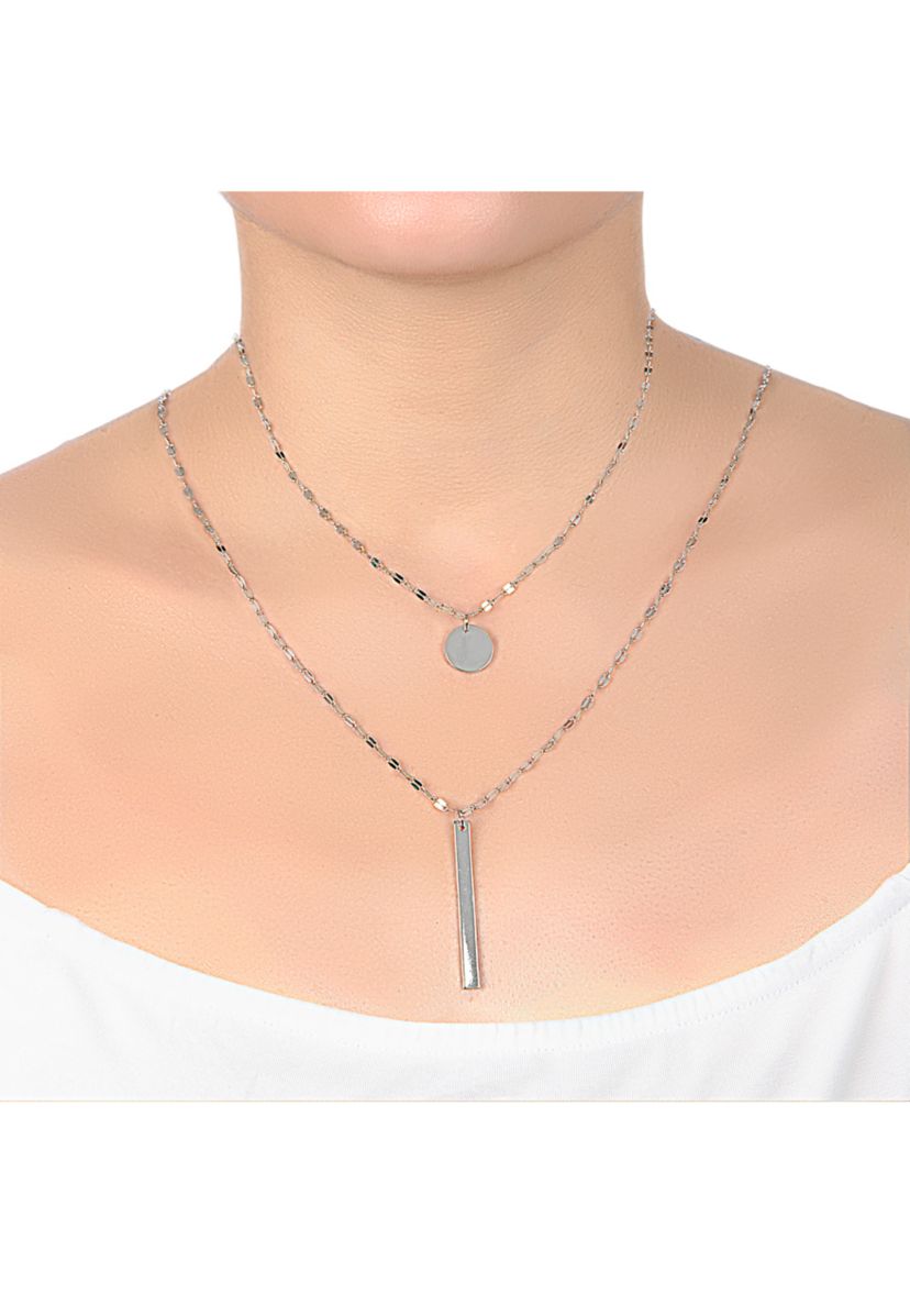 Silver- or Gold-Plated 30" Disc and Vertical Bar Double Layer Necklace