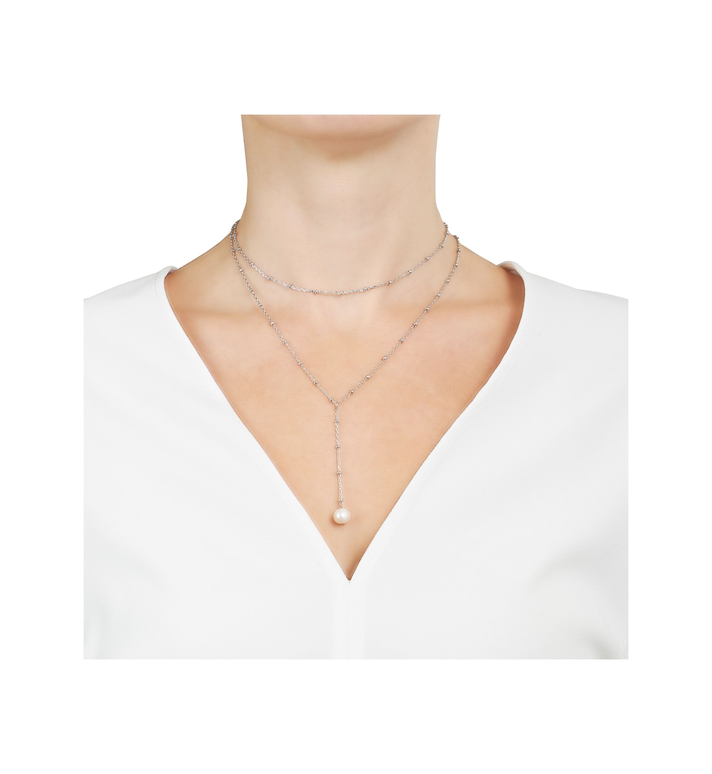 Silver Plated Fresh Water Pearl beaded chain Y-Necklace