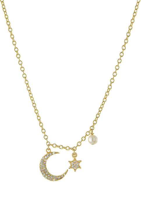 Yellow Gold Fine Silver Plated Cubic Zirconia Star and Moon with Freshwater Pearl Station Necklace