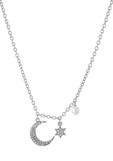 Fine Silver Plated Cubic Zirconia Star and Moon with Freshwater Pearl Station Necklace