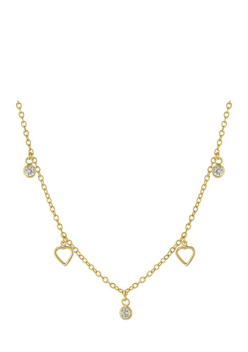 Yellow Gold Fine Silver Plated Cubic Zirconia and Open Heart Station Necklace