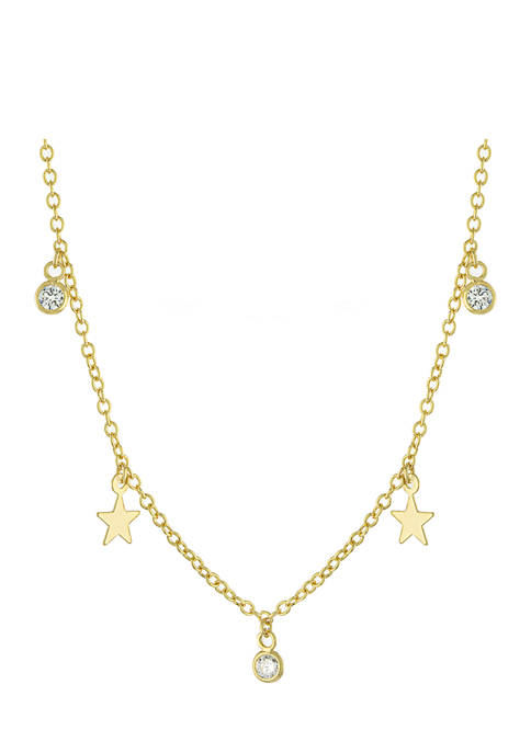 Yellow Gold Fine Silver Plated Cubic Zirconia and Stars Station Necklace