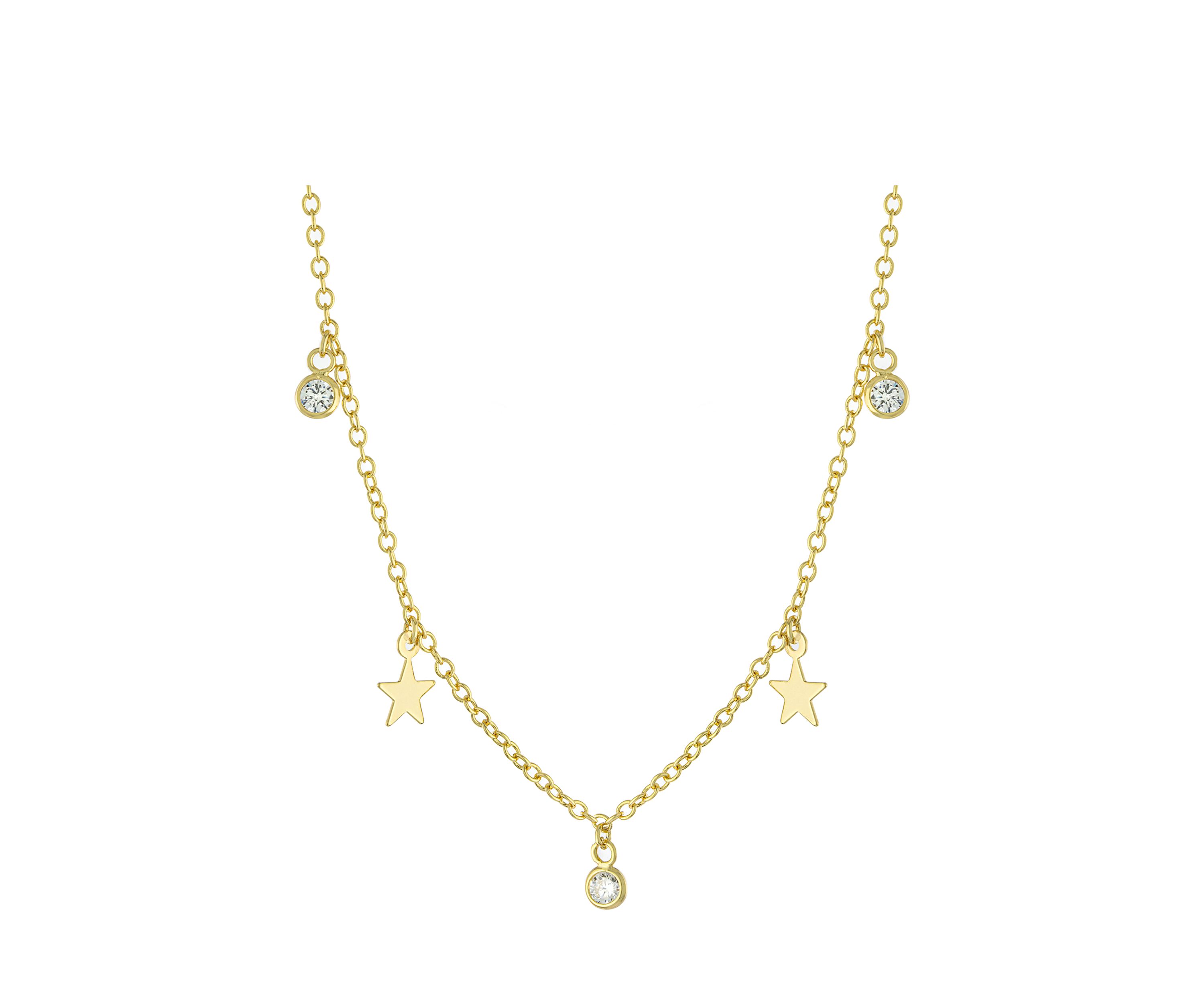 Yellow Gold Fine Silver Plated Cubic Zirconia and Stars Station Necklace