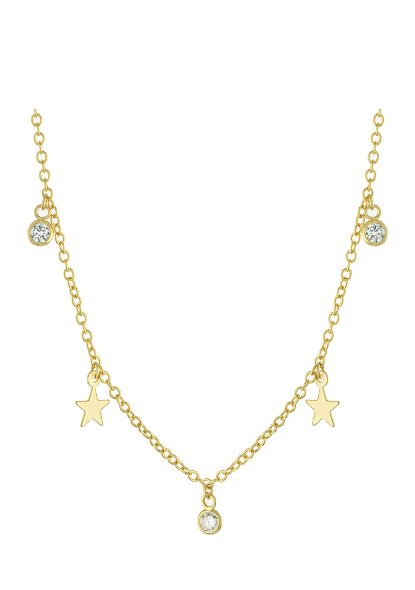Yellow Gold Fine Silver Plated Cubic Zirconia and Stars Station Necklace