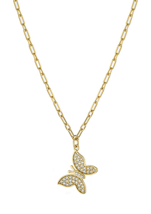 Yellow Gold Fine Silver Plated Cubic Zirconia Butterfly Pendant Necklace
